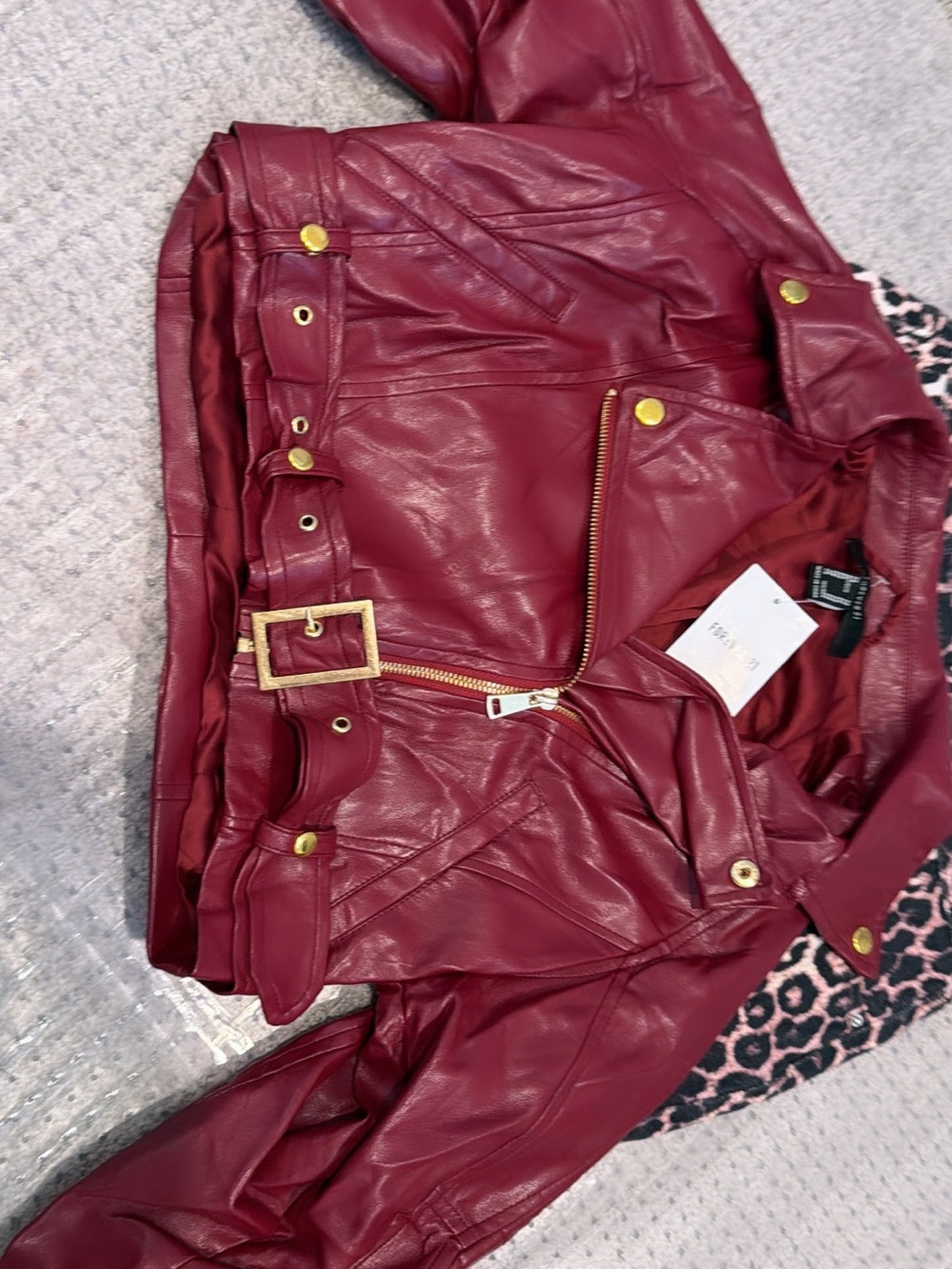 Faux Leather Burgundy Belted Jacket forever 21 NWT